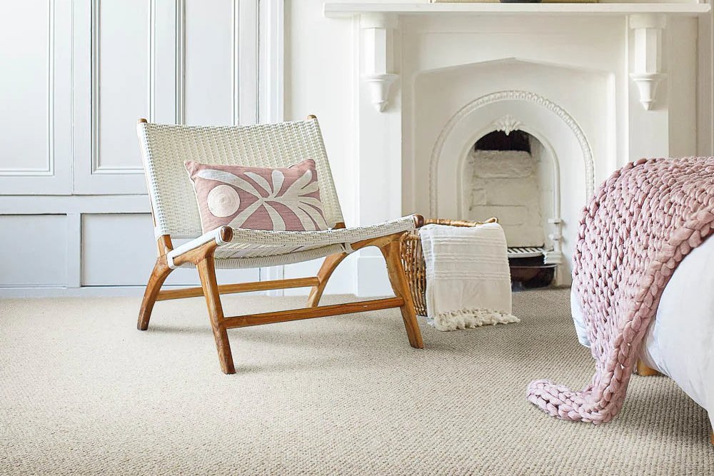Brockway Landscapes wool carpet in a bright bedroom, illustrating natural carpet comfort and texture