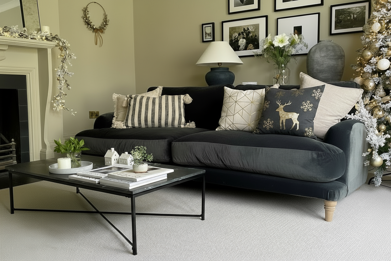 Living room with a dark gray sofa, coffee table, and decorative items.